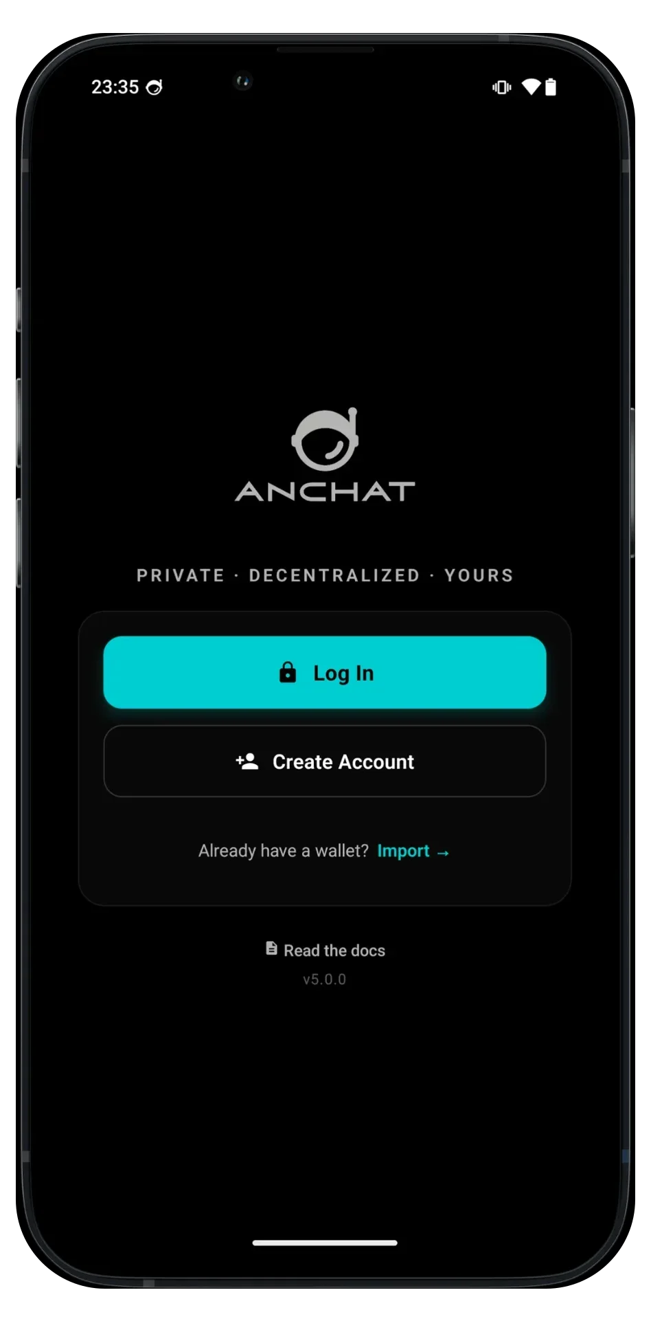 AnChat sign-in: create an account with a keypair, no email or phone